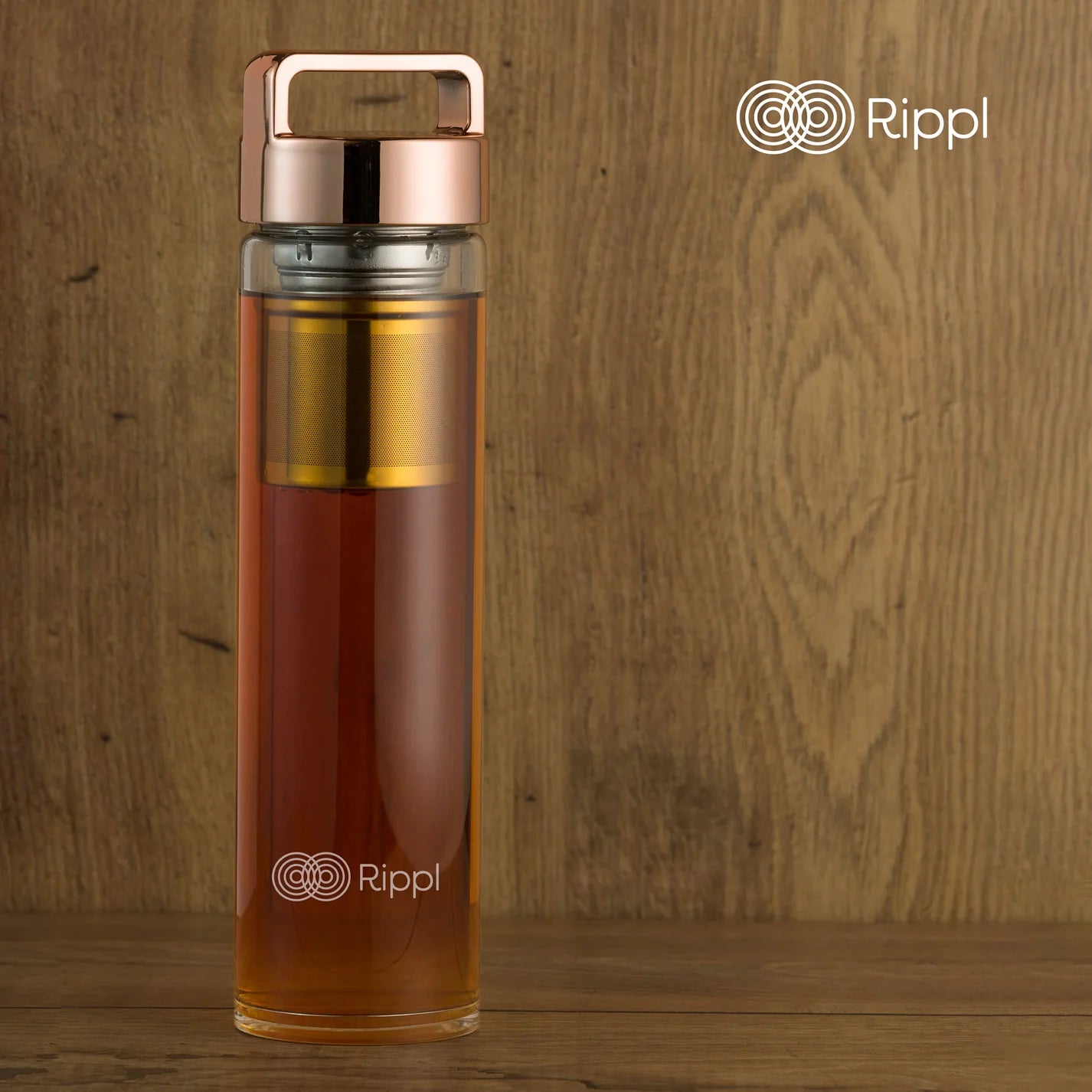 Rippl Borosilicate Glass Bottle 500ml with Rose Gold Handle, Tea Infuser & Neoprene Sleeve