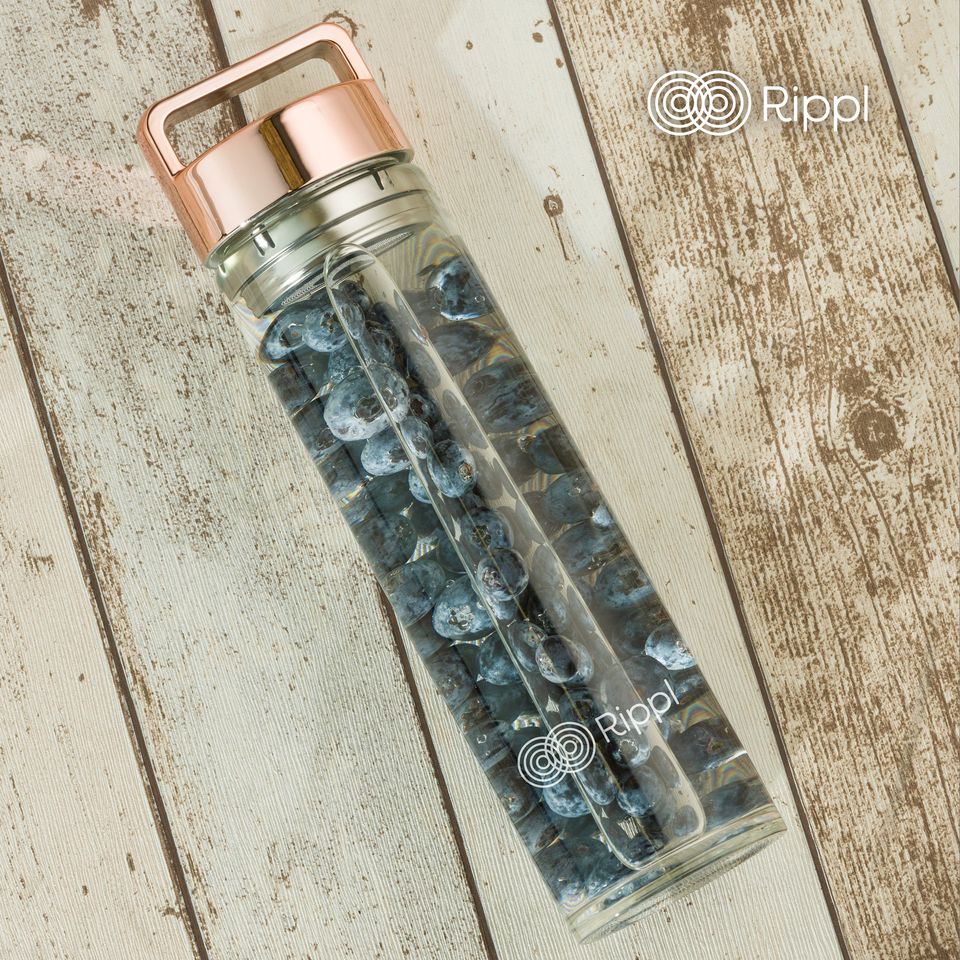 Rippl Borosilicate Glass Bottle 500ml with Rose Gold Handle, Tea Infuser & Neoprene Sleeve