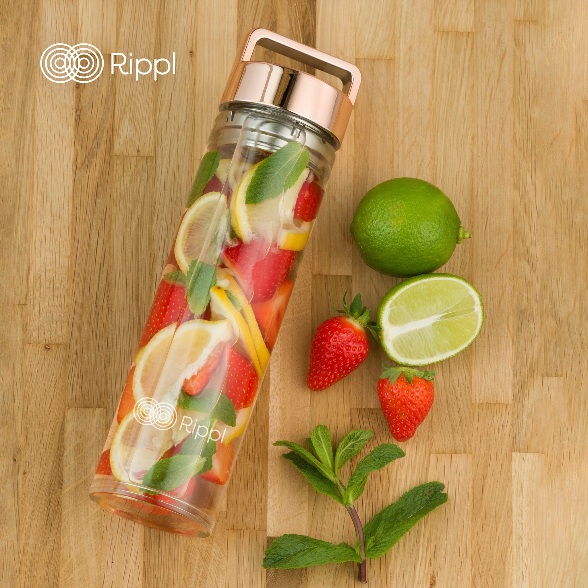Rippl Borosilicate Glass Bottle 500ml with Rose Gold Handle, Tea Infuser & Neoprene Sleeve