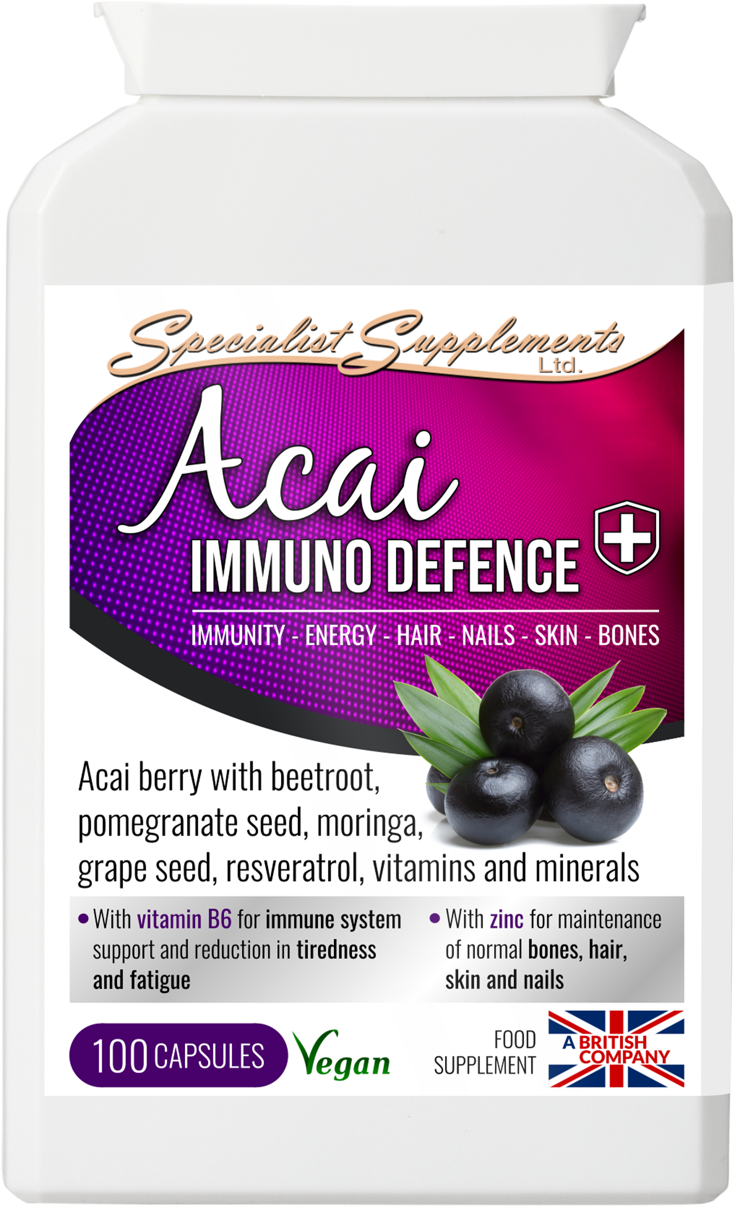 Supplement bottle labeled 'Acai Immuno Defence' with a purple label and black acai berries on a white background.