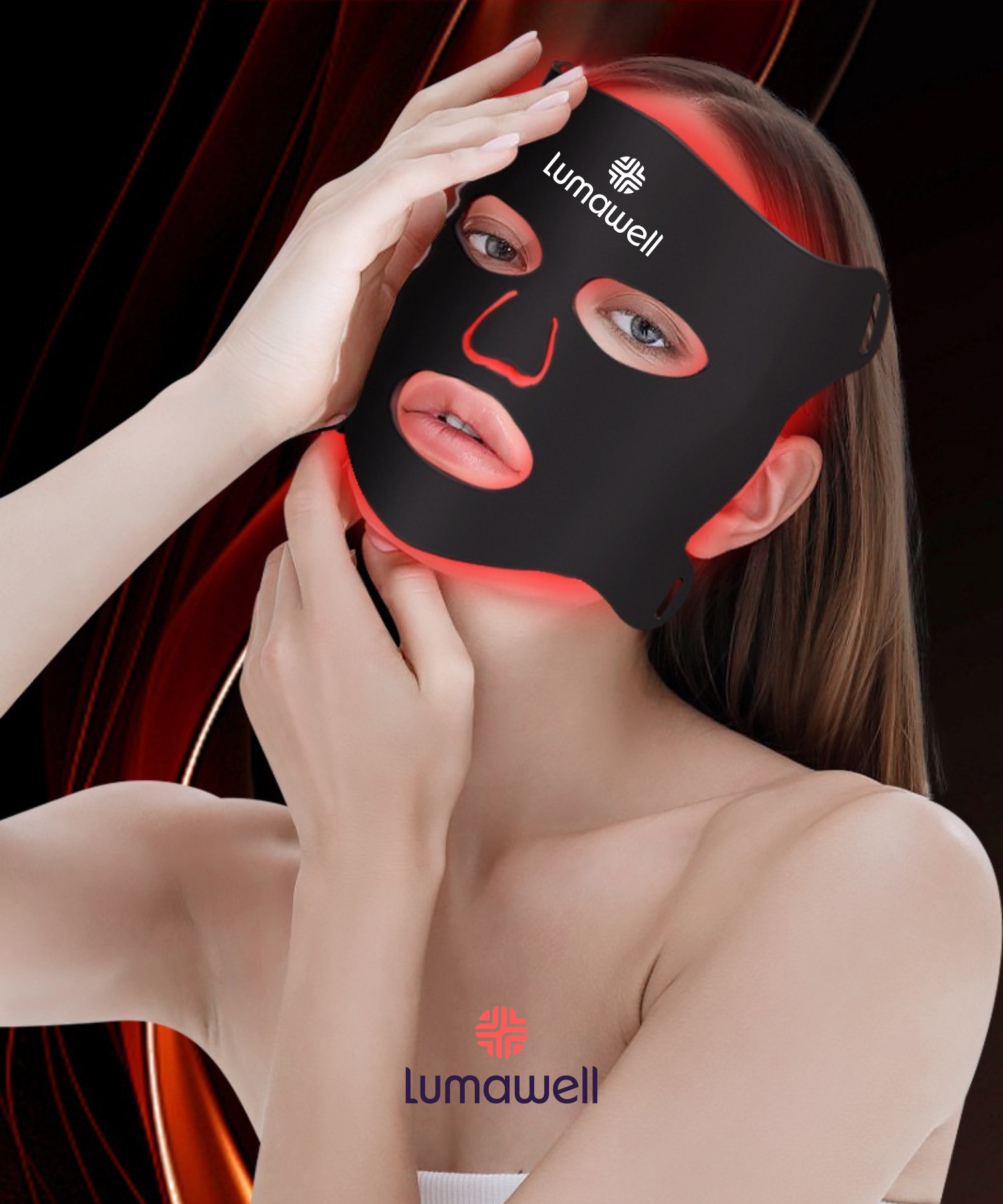 Person wearing a Lumawell LED face mask with red light on a dark background