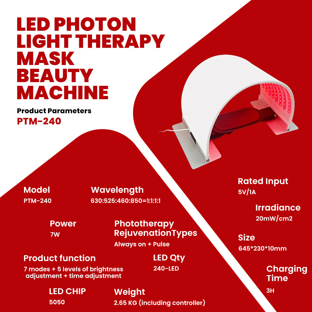LED Photon Light Therapy Mask Beauty Machine (model LMPH240) full specifications infographic