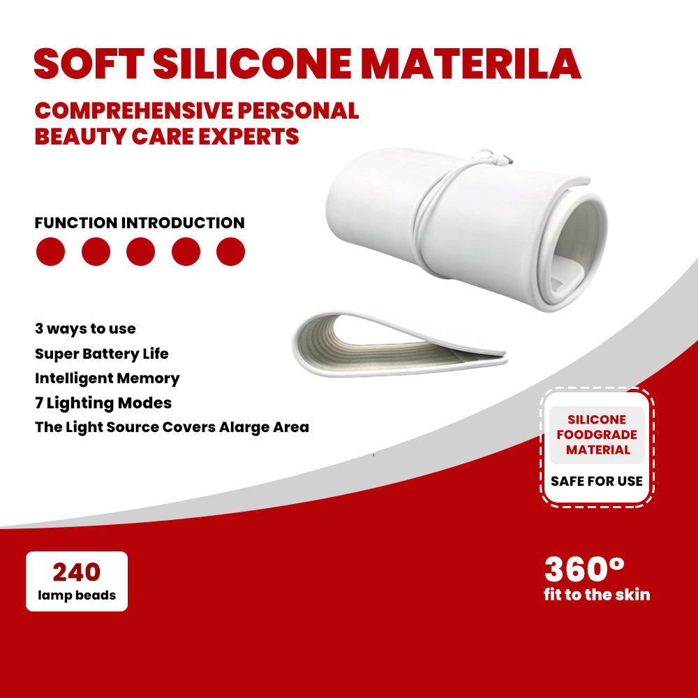 LMPH240 soft silicone material graphic showing flexible foldable mask fabric, 240 lamp beads and 360-degree fit to the skin