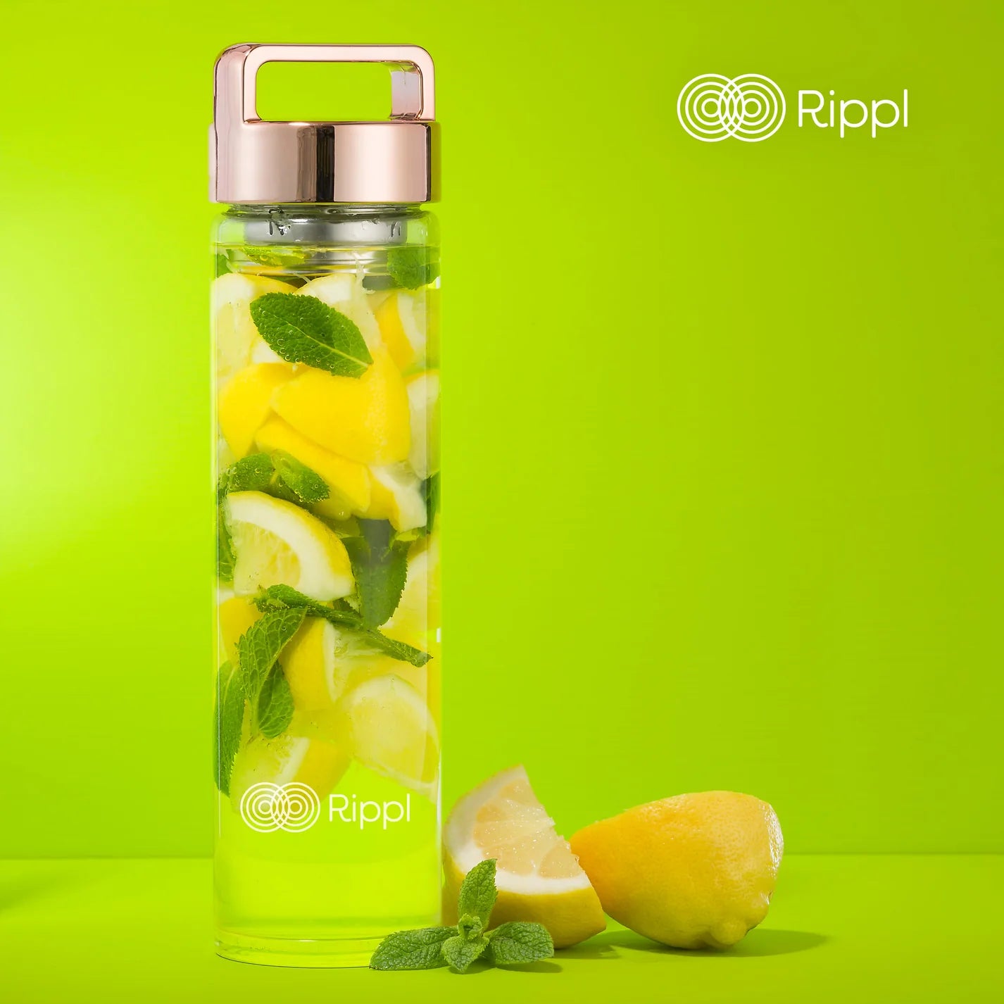 Rippl Borosilicate Glass Bottle 500ml with Rose Gold Handle, Tea Infuser & Neoprene Sleeve
