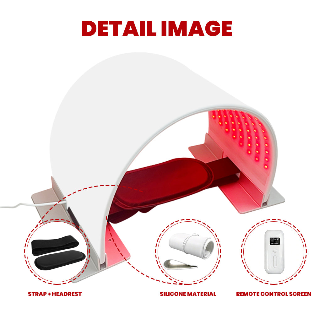 LMPH240 detail image of the LED photon face mask showing strap and headrest, silicone material, and remote control screen