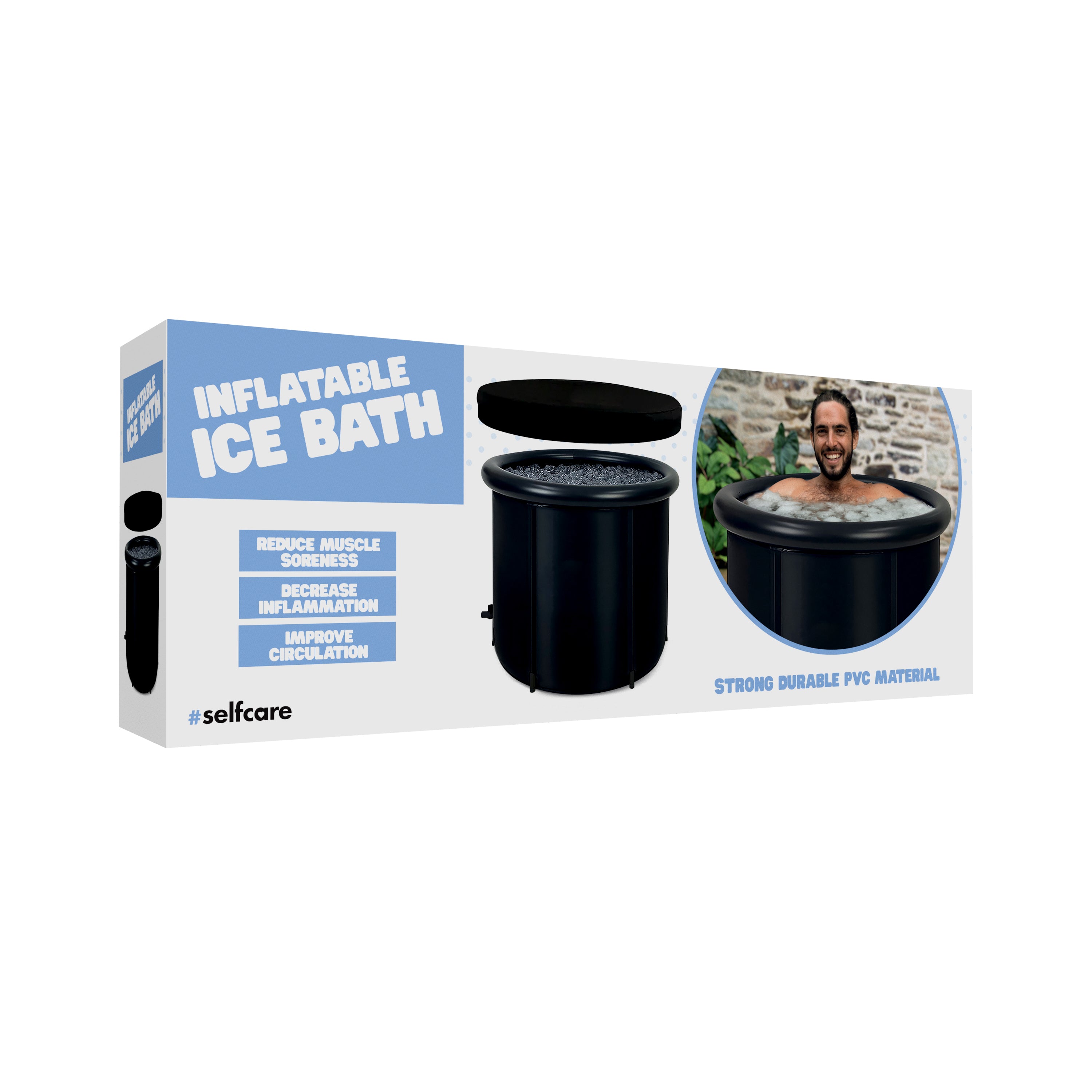 Inflatable ice bath packaging with a man in an ice bath on a white background