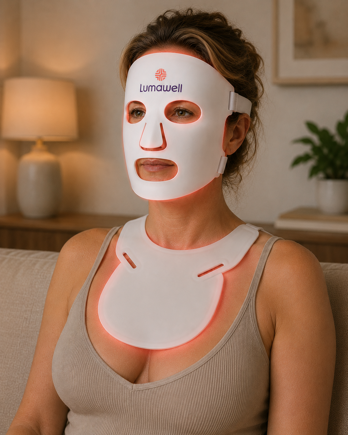 Woman wearing a Lumawell LED face and neck mask in a home setting.